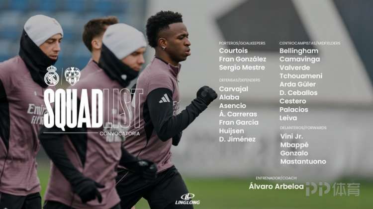 皇马公布战莱万特大名单：姆巴佩、维尼修斯领衔 罗德里戈缺席